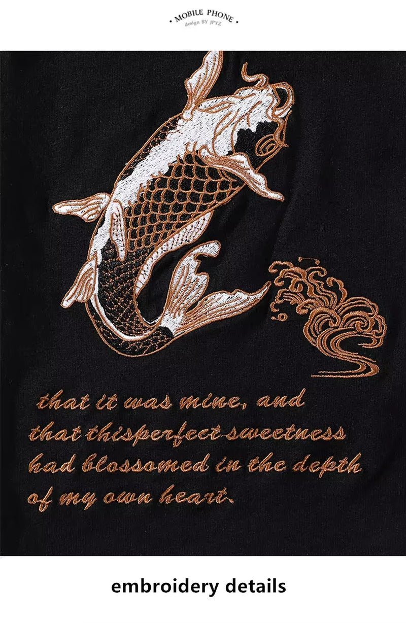 T Shirt Men Chinese Embroidery Cotton T Shirt Men Short Sleeve Fish Casual Loose Breathable Summer Top Harajuku Streetwear Male